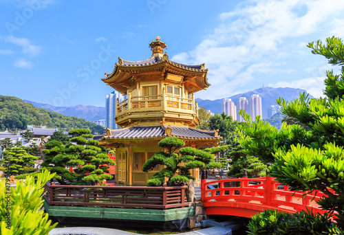 Golden pavilion of absolute perfection in Nan Lian Garden in Chi Lin Nunnery  Hong Kong  China