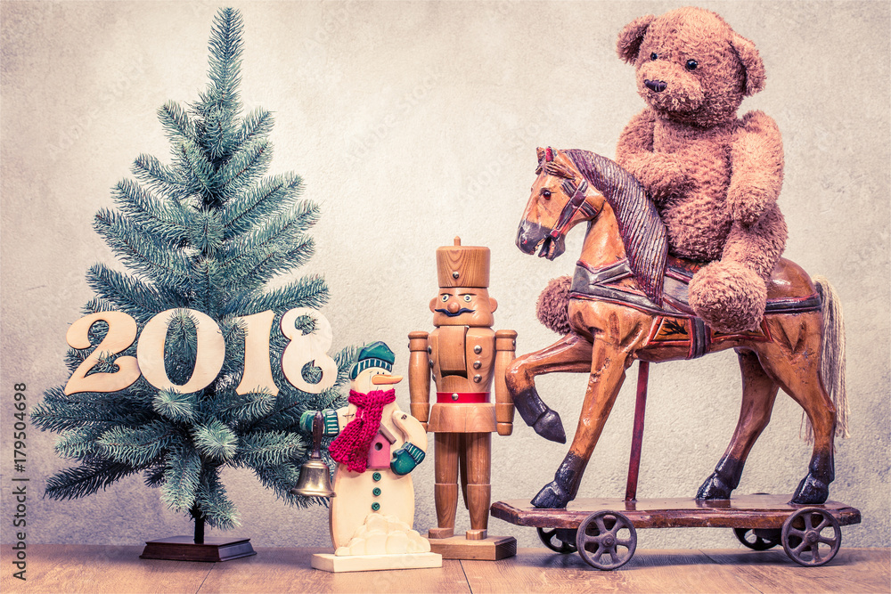 New Year tree with 2018 date retro Teddy Bear toy riding antique