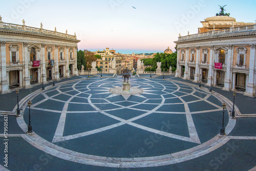 Rome, Italy - The Piazza del Campidoglio square, headquarters of the mayor of Rome, at the dawn. 