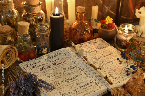 Wallpaper Mural Magic book with spells, lavender bunch and black candle on witch table. Torontodigital.ca