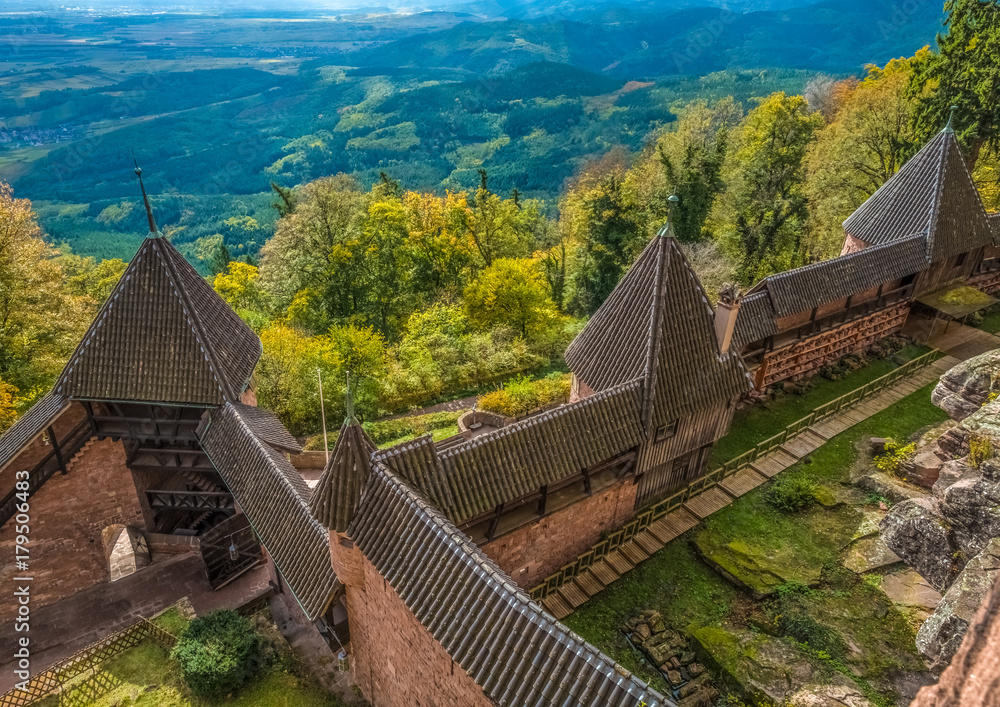 The Chateau du Haut-Kœnigsbourg, a medieval castle in the Vosges mountains,  Orschwiller, Bas-Rhin, Alsace, France, just west of Sélestat. Perched on a  rocky spuroverlooking the Upper Rhine Plain. Stock Photo | Adobe