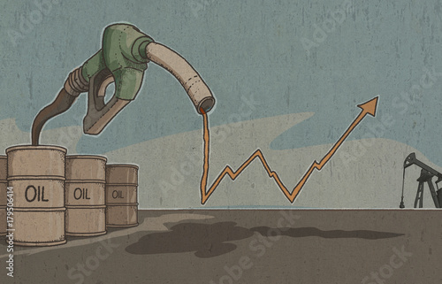 Illustrazione di barili di petrolio con pompa della benzina, Aumenti del prezzo del greggio nel mondo photo