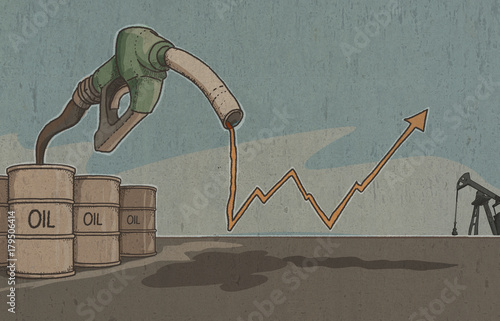 Illustrazione di barili di petrolio con pompa della benzina, Aumenti del prezzo del greggio nel mondo
