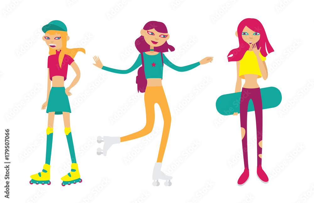 Set with bright young girls skating and rolling. Flat isolated characters in funny style. Sport girls Set with bright young girls skating and rolling. Flat isolated characters in funny style. Sport girls
