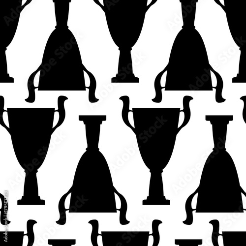 Winner trophy cup seamless pattern. Black simple silhouette texture. Championship prize for first place. Vector illustration.
