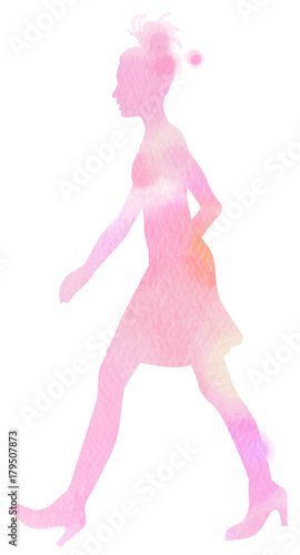 Young girl with dreadlocks walking silhouette on watercolor background. Digital art painting