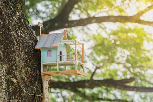The House Bird. A blue wood tiny house on a tree with nature background.