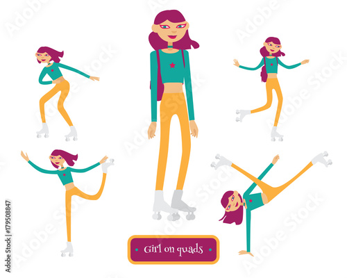 Vector set with lovely young girl character on quads rollers in various poses. Girl skating, doing shunt, standing. Bright colors in flat design