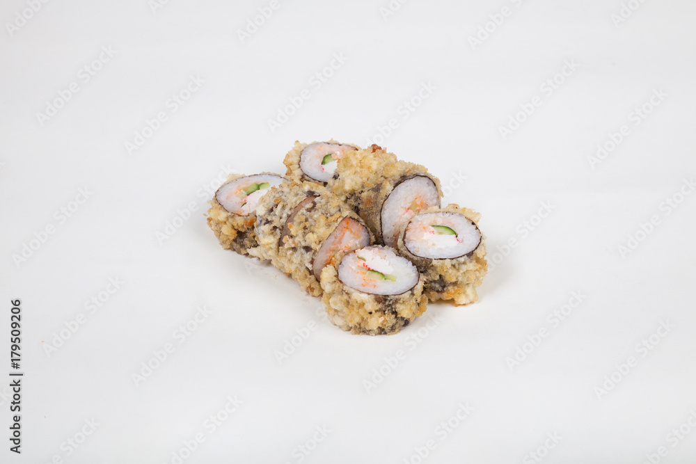 Japanese food Sushi rolls with fish on a white background Japanese food Sushi rolls with fish on a white background