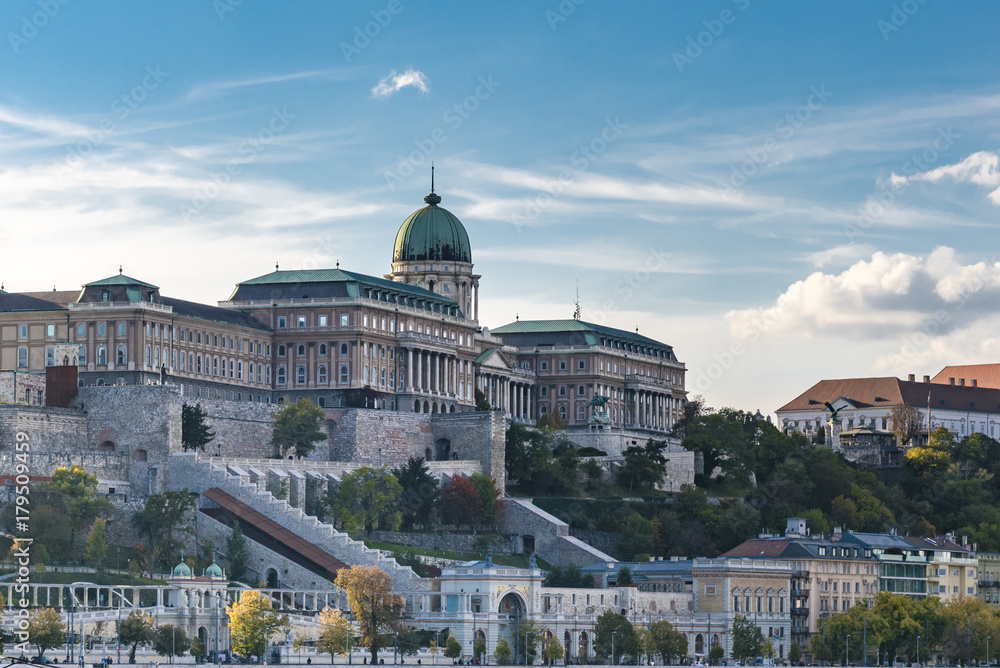 Panoramic city view of historic Royal Palace on the Buda Castle Hill. Scenic cityscape of historic district of Buda, in Budapest, Hungary. 