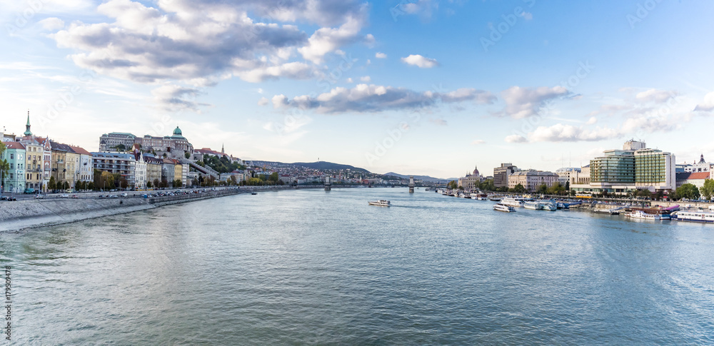 Panoramic city view of both sides of river Danube in Budapest, Hungary. Wide cityscape of Buda and Pest sides with Chain Bridge across the Danube.