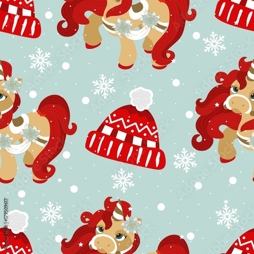 Seamless pattern with Christmas pony and festive elements. Vector illustration.
