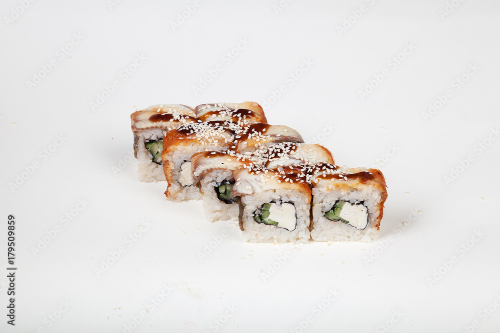 Japanese food Sushi rolls with fish on a white background Japanese food Sushi rolls with fish on a white background
