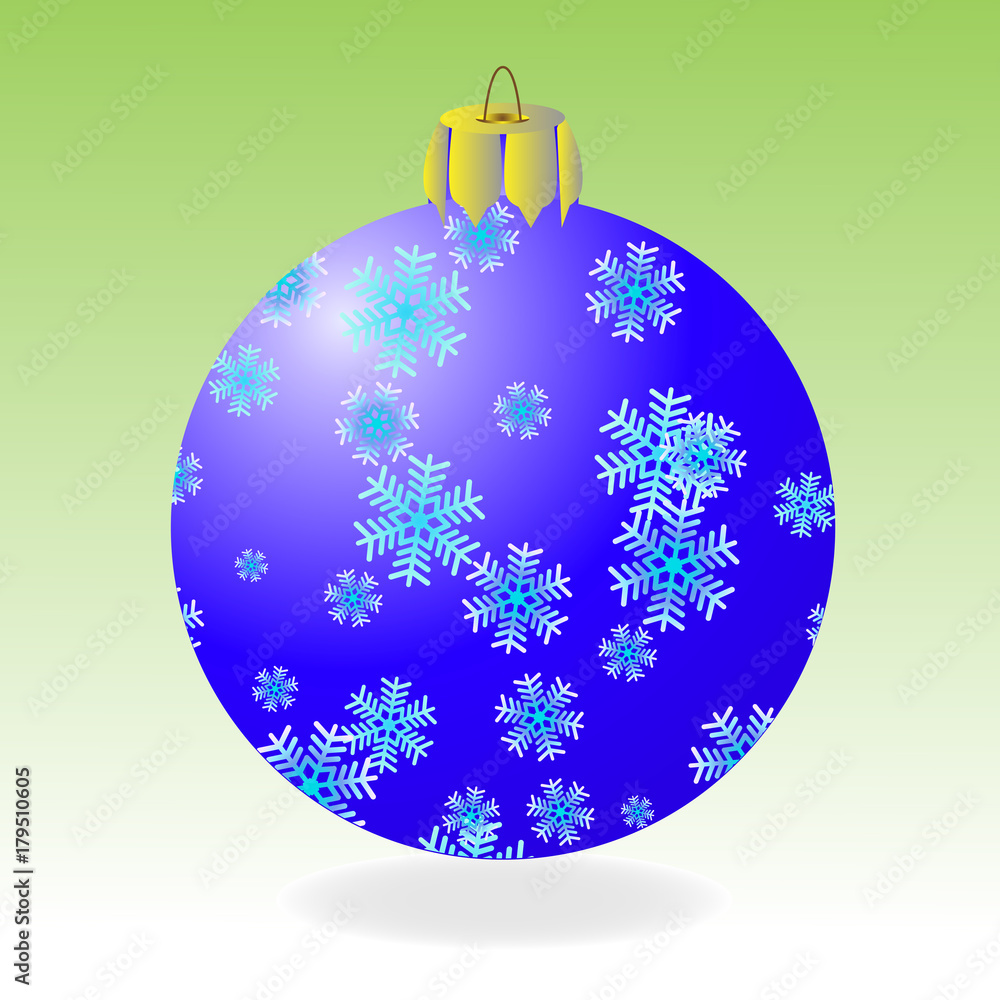 Dark blue fur-tree ball with snowflakes on a green background. Dark blue fur-tree ball with snowflakes on a green background.