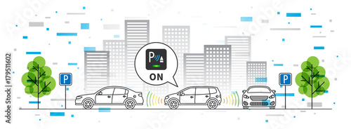 Car parking sensor vector illustration with colorful elements. Autonomous car technology line art concept. Smart parking assist system graphic design. Intelligent sensors scan free space to park