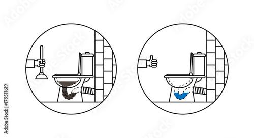 Clogged toilet bowl vector illustration. Lavatory pan line art concept with vent (air-valve). Wc pan washing (cleaning) graphic design.