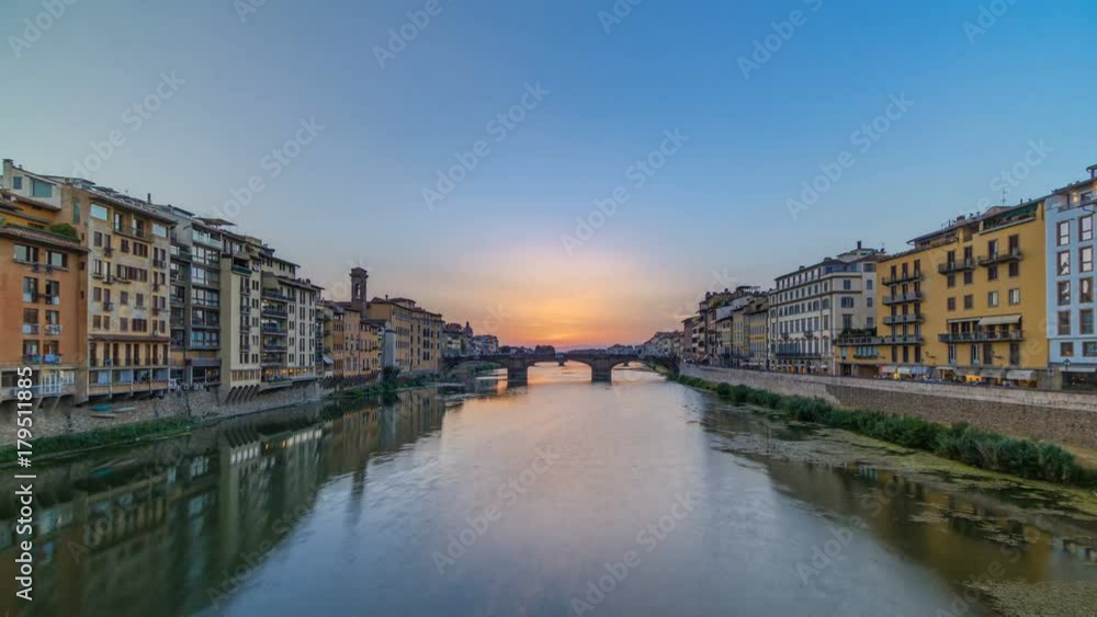 Cityscape view on Arno river with famous Holy Trinity bridge timelapse on the sunset in Florence Cityscape view on Arno river with famous Holy Trinity bridge timelapse on the sunset in Florence