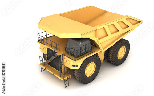 3d illustration. Empty mining dump truck tipper big heavy yellow car. Top view. Direction from right to left