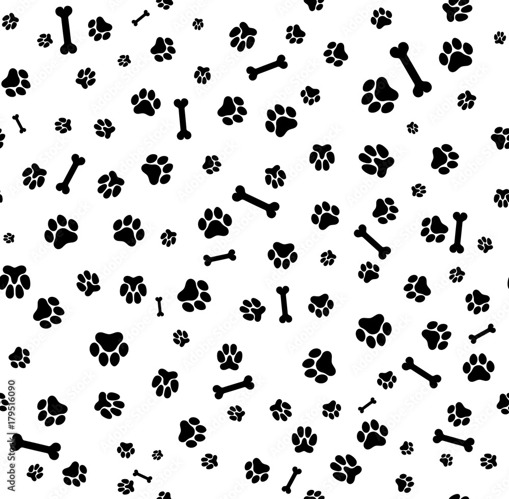 Dog black paw print seamless. Template for your design. Vector illustration. Isolated on white background