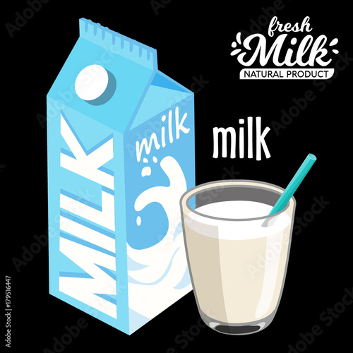 milk pack and glass of milk icon flat style. Isolated on black background. Vector illustration.