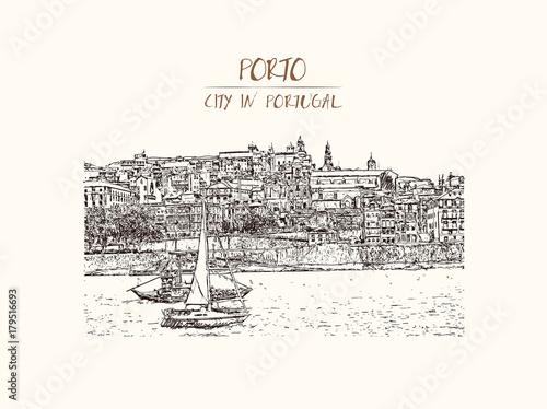 Hand drawn sketch of Porto, Portugal old town on the Douro River. Vector illustration.