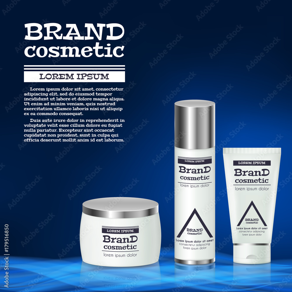 3D realistic cosmetic bottle ads template. Cosmetic brand advertising concept design with abstract glowing waves 3D realistic cosmetic bottle ads template. Cosmetic brand advertising concept design with abstract glowing waves