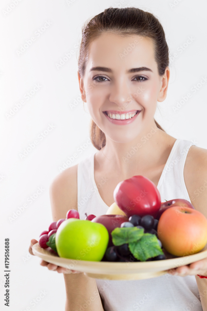 beauty concept with happiness beautiful caucasian girl hold green fresh apple isolate white background with free copysapce for your text beauty concept with happiness beautiful caucasian girl hold green fresh apple isolate white background with free copysapce for your text