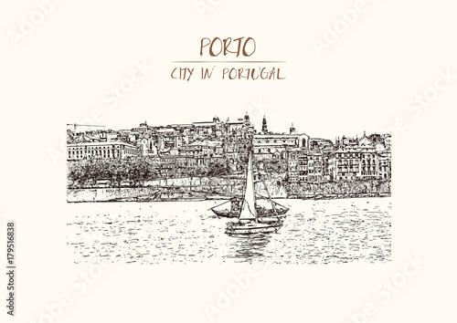 Hand drawn sketch of Porto, Portugal old town on the Douro River. Vector illustration.
