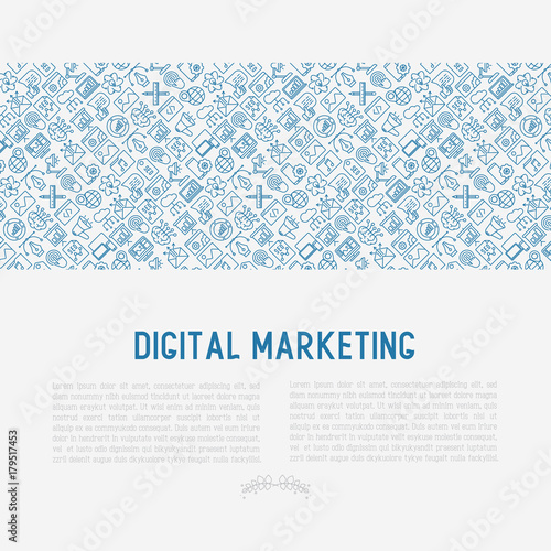Digital marketing concept with thin line icons: searching idea, development, optimization, management, communication. Vector illustration for banner, web page, print media.