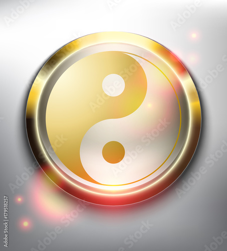 Yin Yang Symbol in golden frame. Sacred geometry. Isolated on the white background. Vector illustration. Eps10.