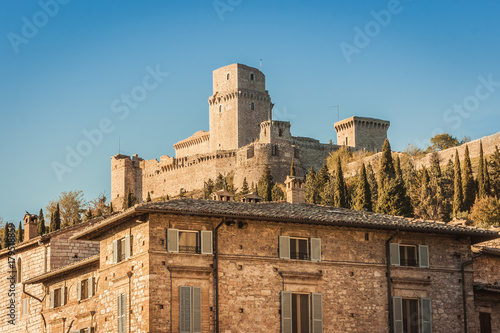 Rocca Maggiore seen from Assisi at sunset, Umbria, Italy photo