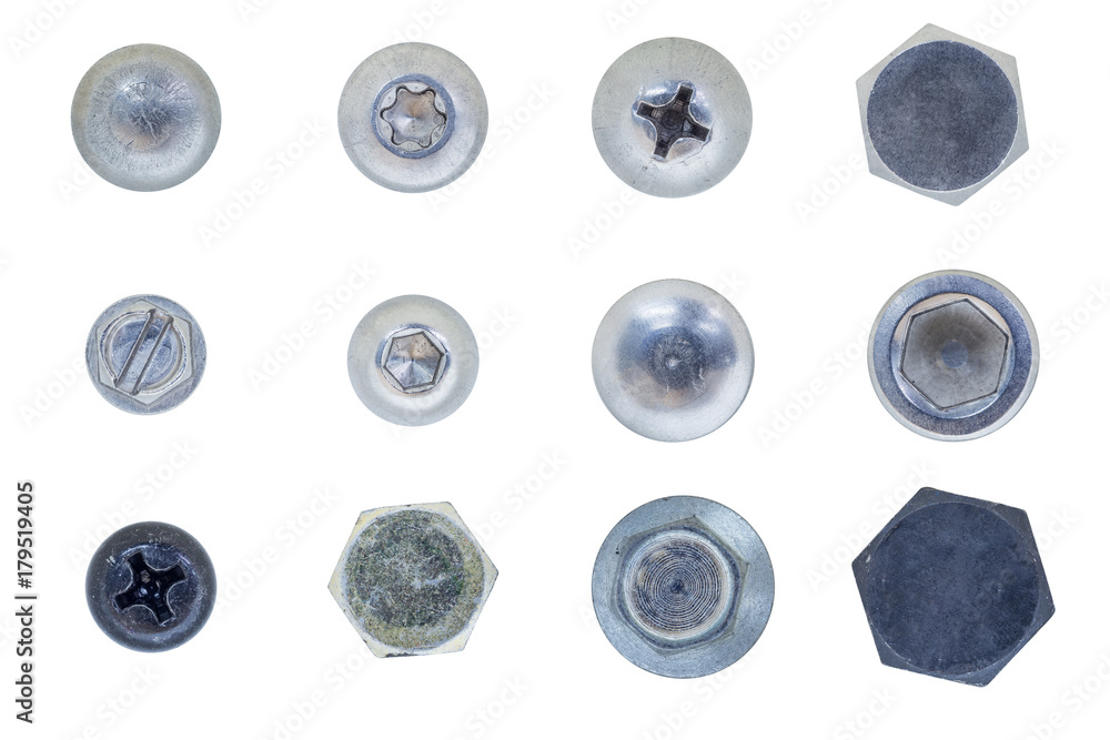 screw, bolt, stud, nut, washer and spring washer isolate on white with clipping path