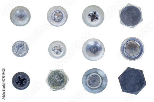screw, bolt, stud, nut, washer and spring washer isolate on white with clipping path