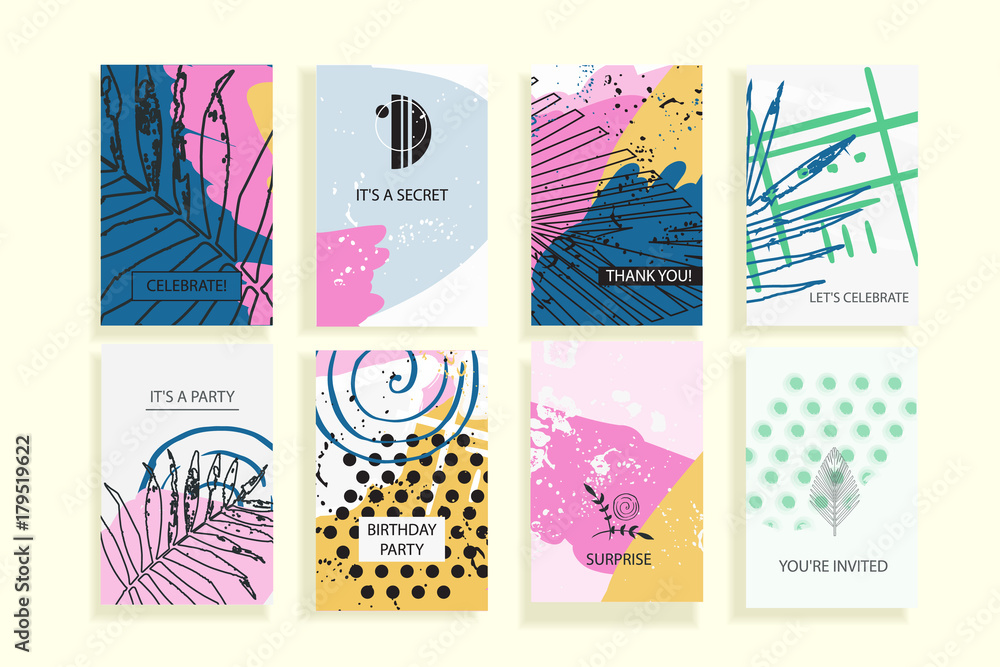 Collection of creative universal trendy cards. Hand Drawn textures. Modern Graphic Design for banner, poster, card, cover, invitation, brochure, flyer. Vector isolated illustration.
