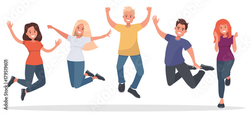 Group of young people jumping on white background. The concept of friendship  healthy lifestyle  success. Vector illustration in flat style.