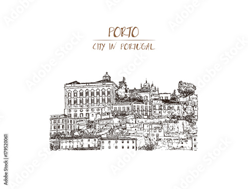 Hand drawn sketch of Porto, Portugal old town on the Douro River. Vector illustration.