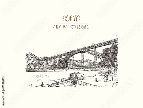 Foto Hand drawn sketch of Porto, Portugal Douro river the and the Porto Bridge