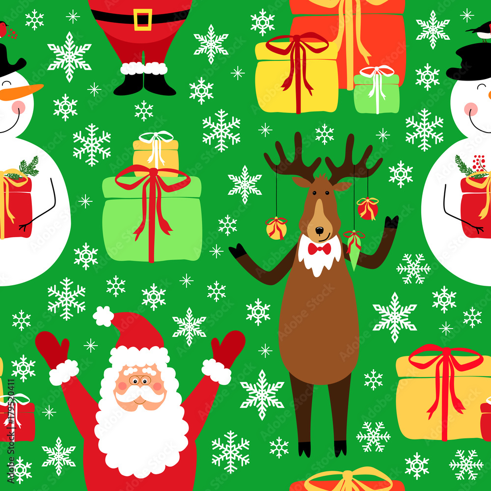 Cute winter childish seamless pattern with hand drawn Christmas cartoon characters as Santa Claus, Reindeer and Snowman Cute winter childish seamless pattern with hand drawn Christmas cartoon characters as Santa Claus, Reindeer and Snowman