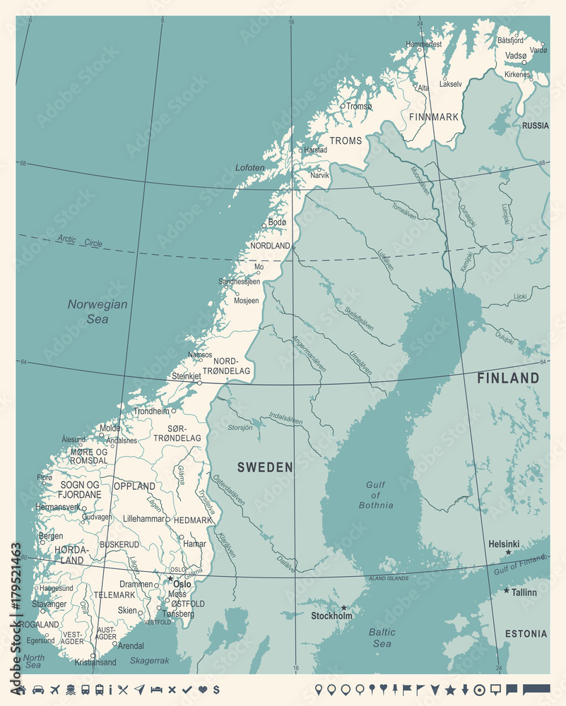 Valokuva Norway Map - Vintage Vector Illustration - tilaa netistä  Europosters.fi