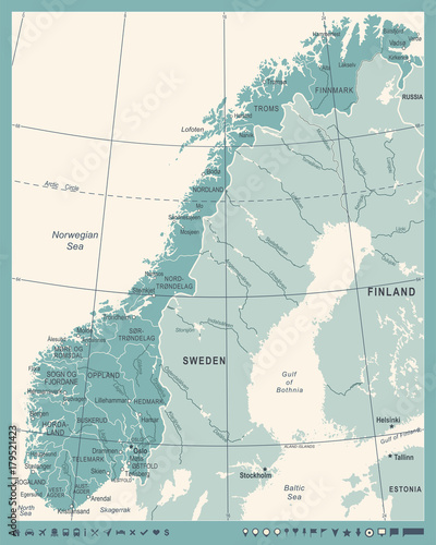 Fotografia Norway Map - Vintage Vector Illustration