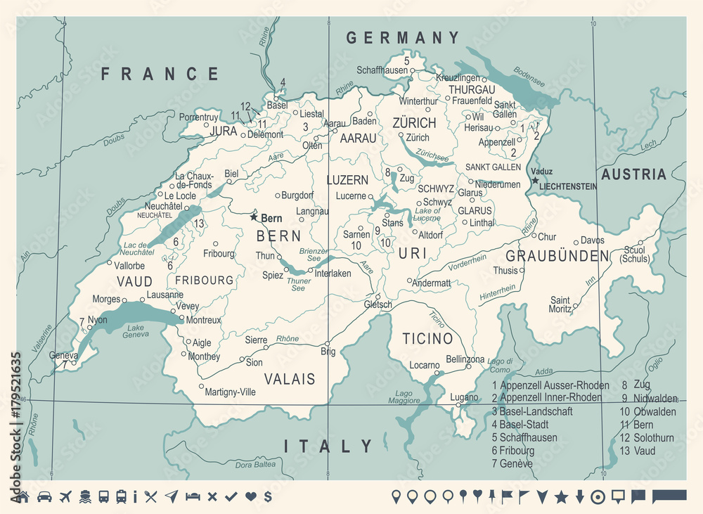 Switzerland Map - Vintage Vector Illustration Foto, Poster, Wandbilder bei  EuroPosters