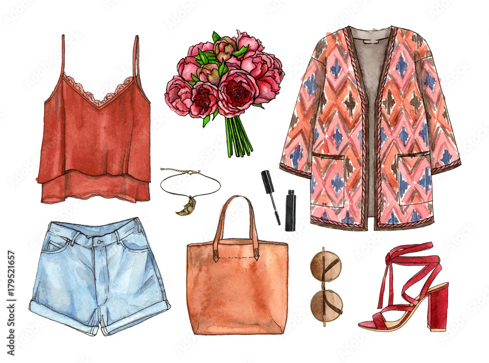 watercolor hand drawing sketch fashion outfit, a set of clothes and