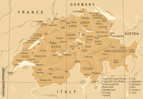 Fotografia Switzerland Map - Vintage Vector Illustration