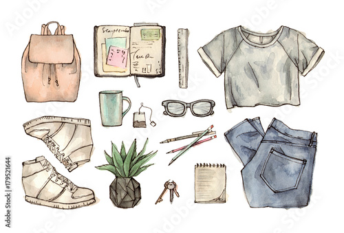 back to school. hand drawing watercolor fashion illustration of clothing, accessories and stationery.