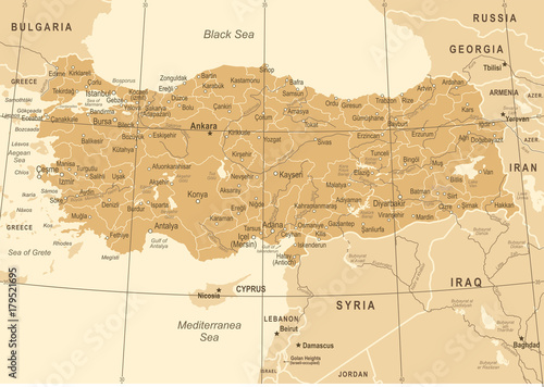 Turkey Map - Vintage Vector Illustration