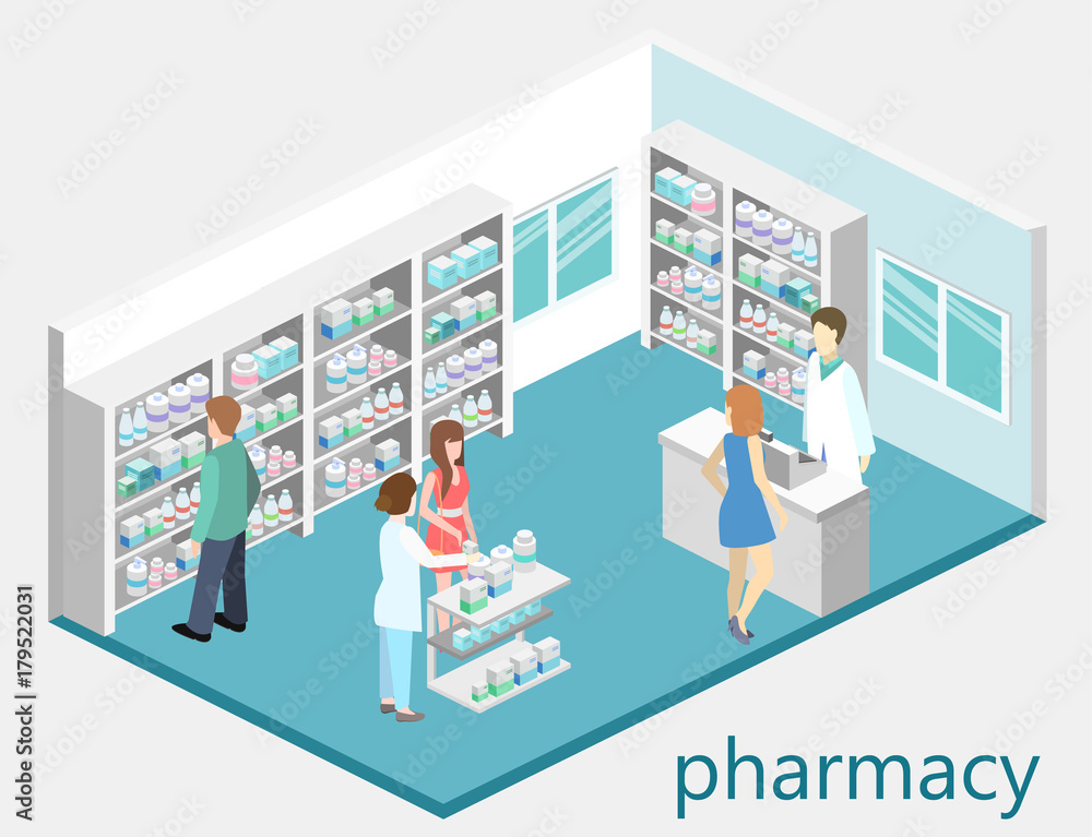 Naklejka premium Isometric interior of pharmacy. Flat 3D infographic illustration
