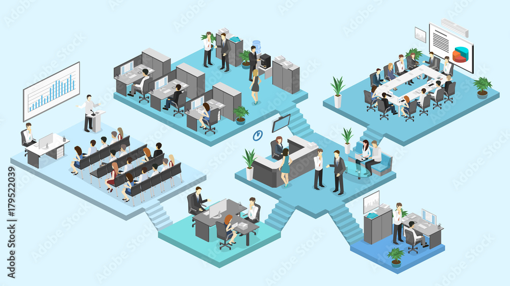 Isometric flat 3d abstract office floor interior departments concept vector.