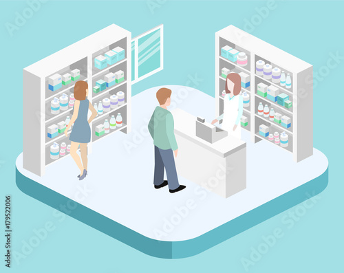 Isometric interior of pharmacy. Flat 3D infographic illustration