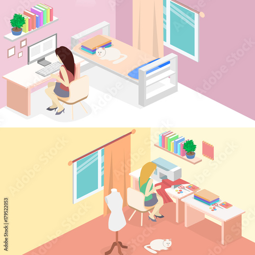 woman sews on the sewing machine. Isometric interior. Flat object.