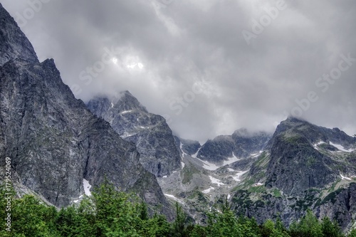 Nature in High Tatras in Slovakia. Mountains of rocky rocks cliffs and waterfalls suitable as background pictures of wishes, banners. © Frantisek